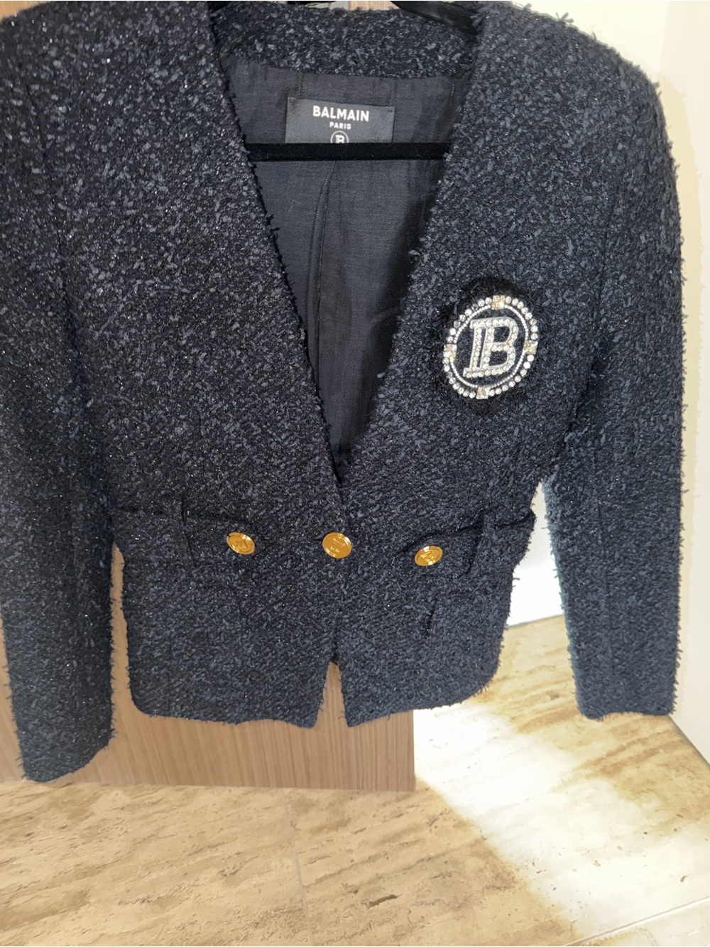 Balmain Black Bouclé Blazer with Gold Buttons and Embellished Logo
